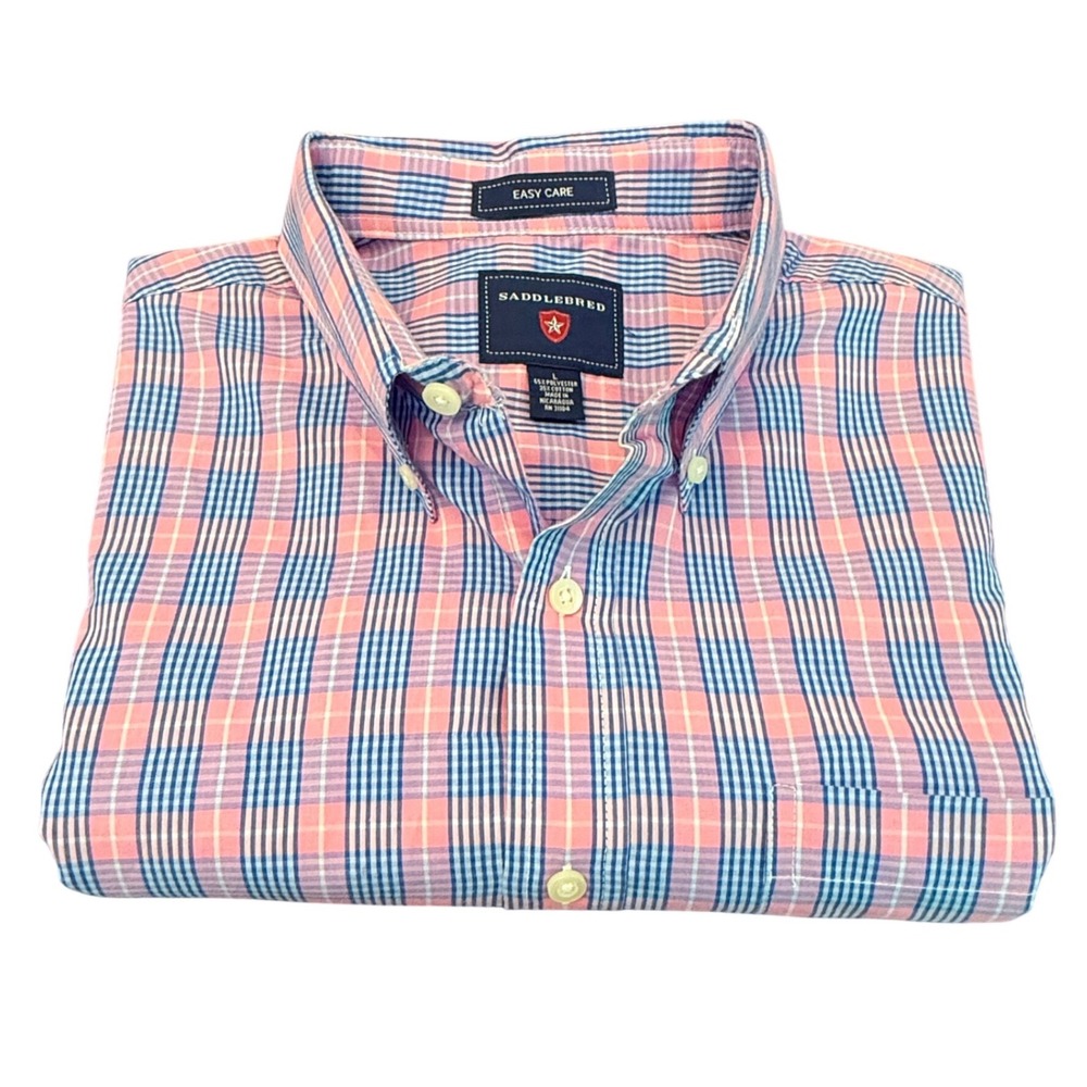 Saddlebred Mens Large Easy Care Plaid Button Down Shirt Pink Blue Short Sleeve